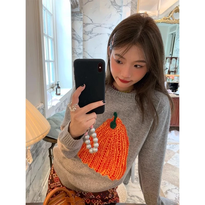 落落狷介 毛衣女款新款秋冬灰色慵懒风设计感绵羊毛针织上衣