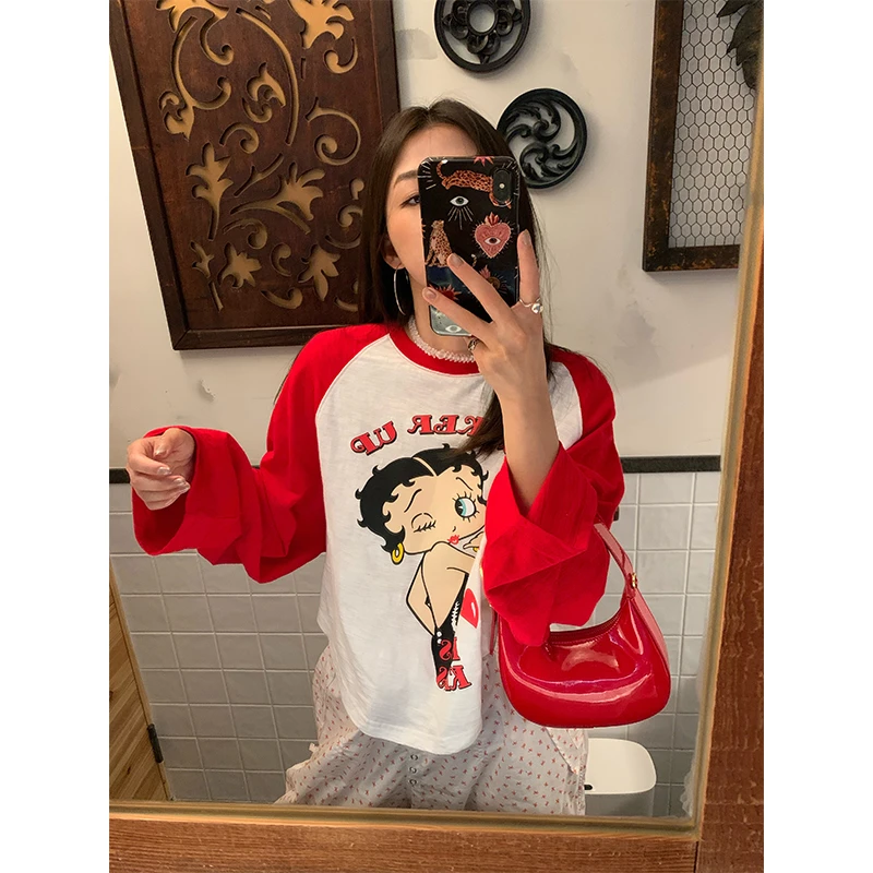 落落狷介 长袖T恤女洋气独特别致上衣设计感红色插肩袖宽松早春