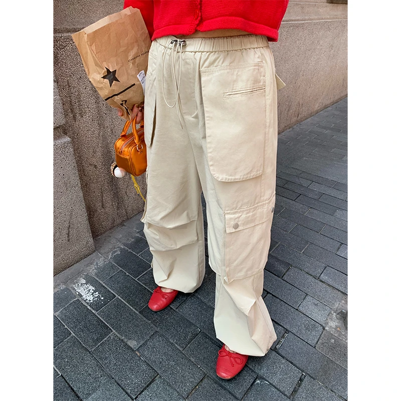 落落狷介裤子女春秋款米白色高腰系带松紧腰工装裤2025新款束脚裤