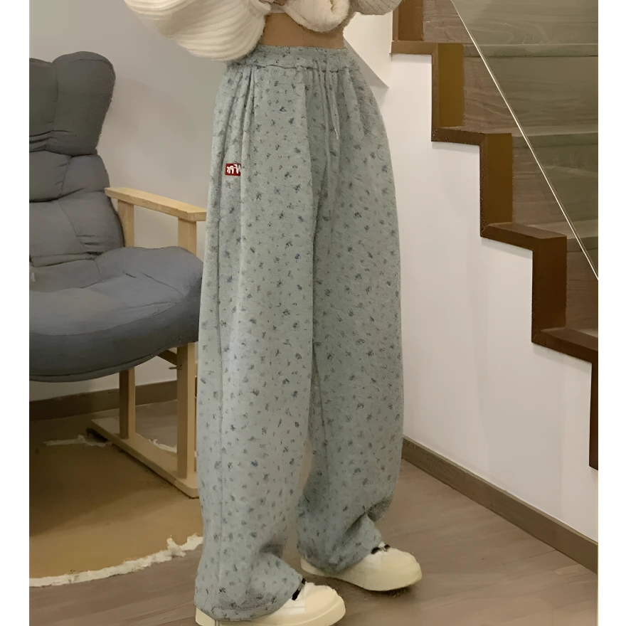 灰色碎花休闲裤女2025秋季新款宽松慵懒运动裤直筒加绒阔腿卫裤