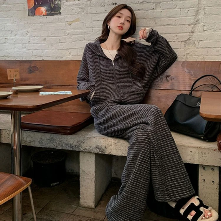 高级慵懒风时尚套装女秋冬设计感条纹连帽外套休闲阔腿裤两件套潮