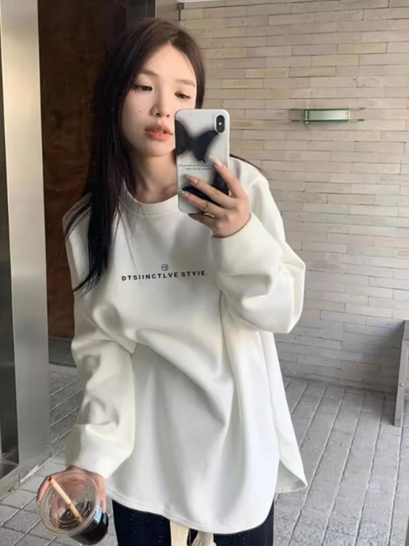 小个子改版定制加绒加厚圆领时尚休闲宽松中长款开叉T恤803字母