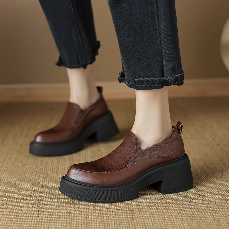 牛皮/7cm/春秋百搭复古粗跟黑色厚底高跟真皮英伦风尖头单鞋女鞋