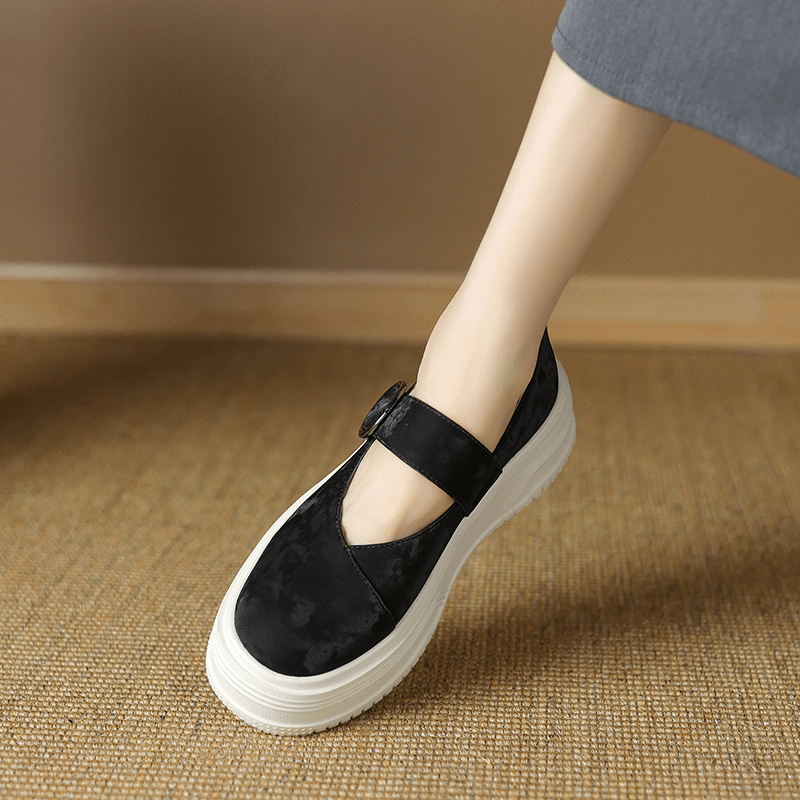 牛皮/6cm/时尚百搭圆头乐福鞋小个子增高跟厚底玛丽珍真皮单鞋女