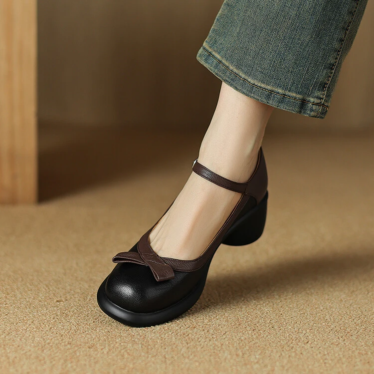 羊皮/5cm/2024新款时尚百搭圆头厚底粗跟法式复古真皮单鞋女鞋