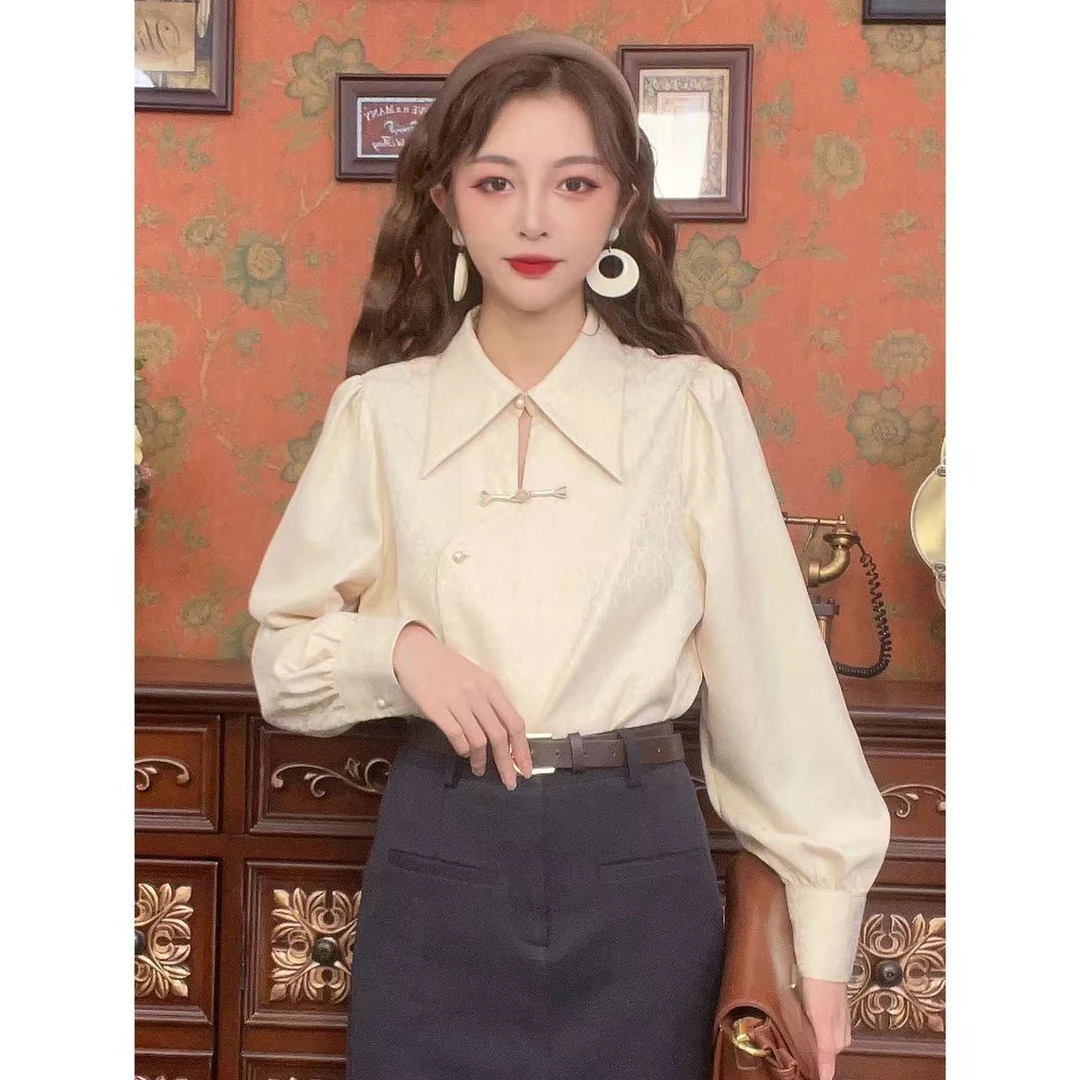 七喜【流光岁月】港味复古长袖衬衫百搭气质衬衣宽松上衣17438