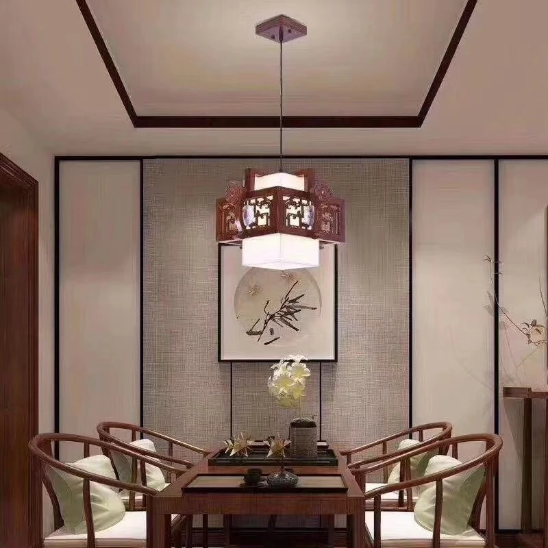 中式吊灯实木灯具仿古餐厅饭店灯中国风古典酒店包间仿羊皮吊灯