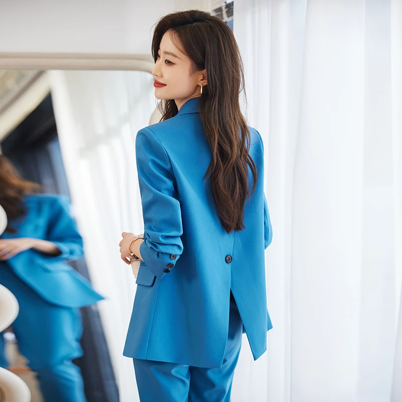 蓝色西装外套女春秋2024新款高级感职业装气质工作服休闲西服套裤