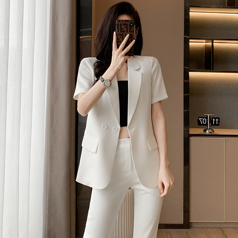 时尚小西装外套女2025夏季薄款高级感职业装套裤短袖网红西服正装