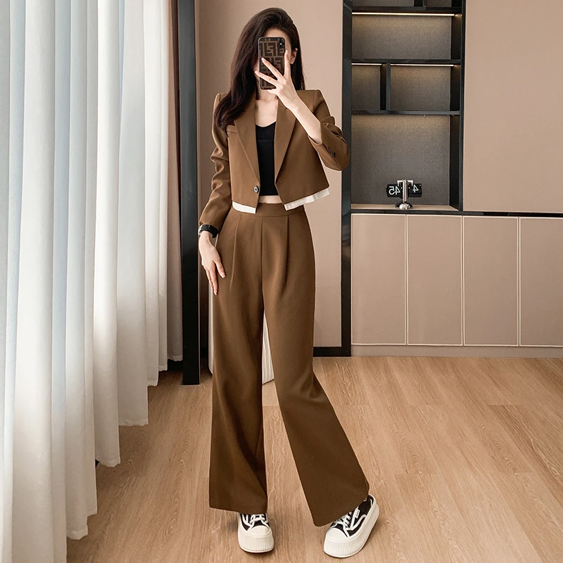 时尚显瘦女2025秋季新款小西装短外套阔腿裤小香风撞色通勤职业装