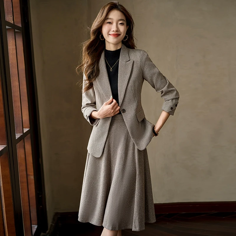 高级感职业装女中长裙西装套装千鸟格西服外套气质女神范工作服冬