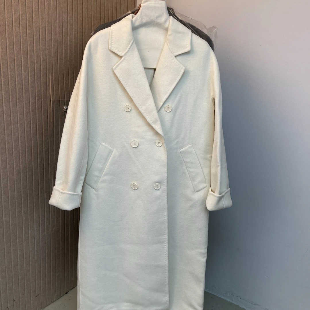 白色贡针款双面呢中长款呢大衣宽松休闲双排扣女装外套