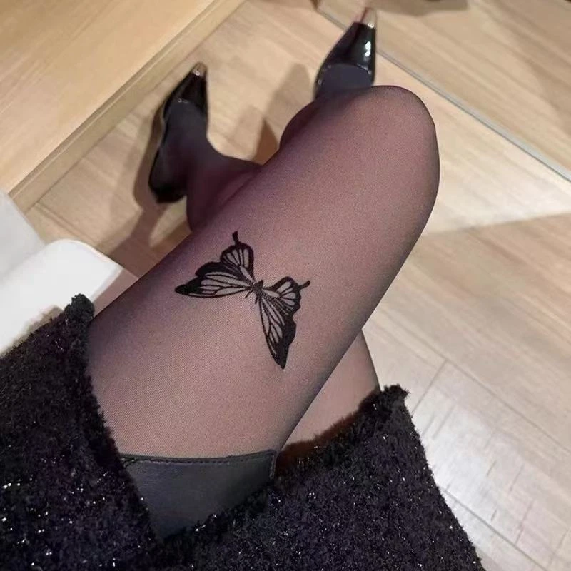 加绒加厚植绒黑骑士2024年秋冬季新款蝴蝶黑透肤一体打底袜显瘦