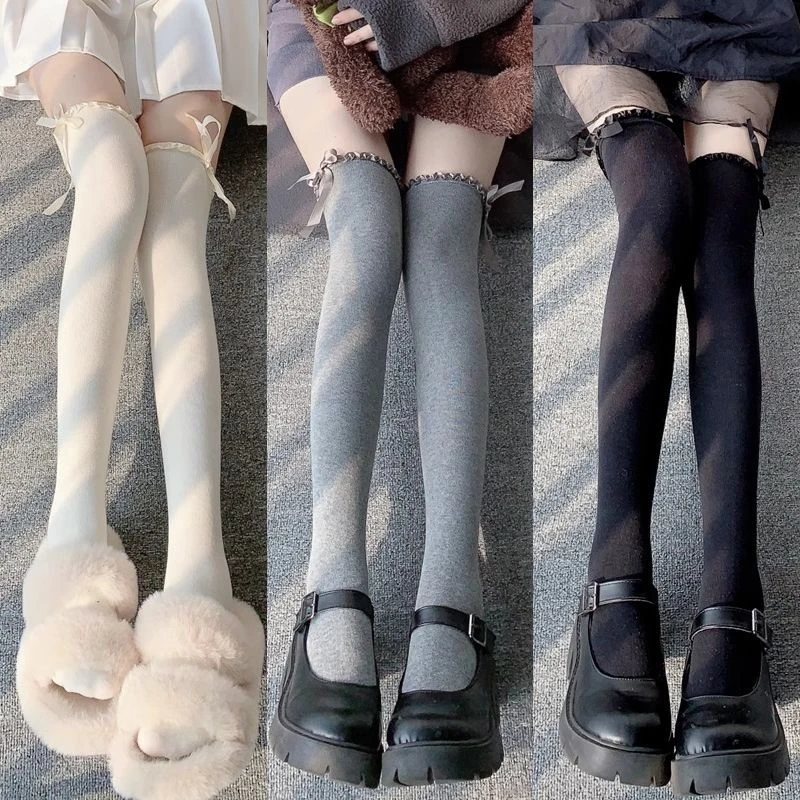 日系甜美长筒袜秋冬加厚保暖jk少女花边蝴蝶结长款高筒过膝袜百搭