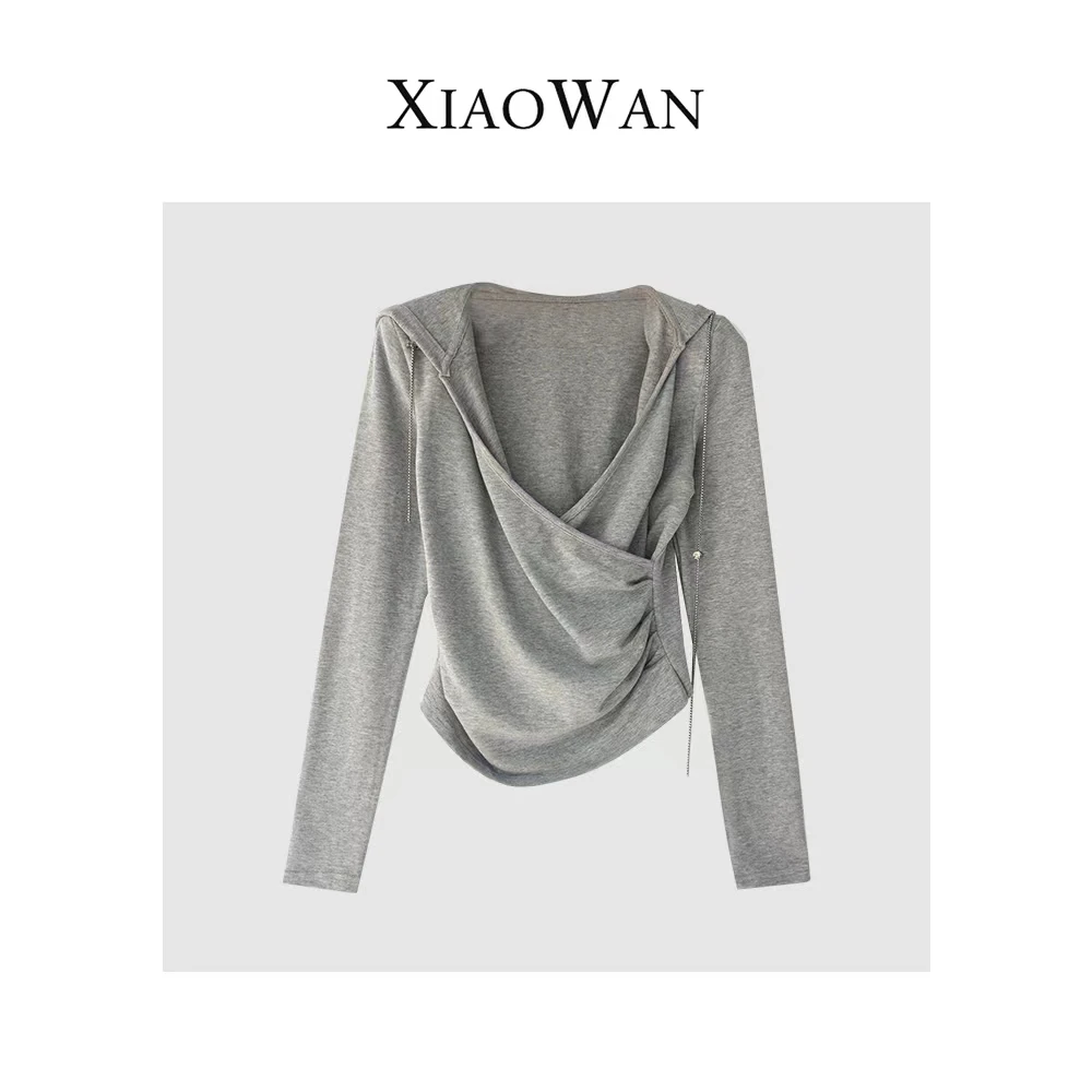 【风月间】设计感交叉v领连帽褶皱收腰垫肩上衣1001