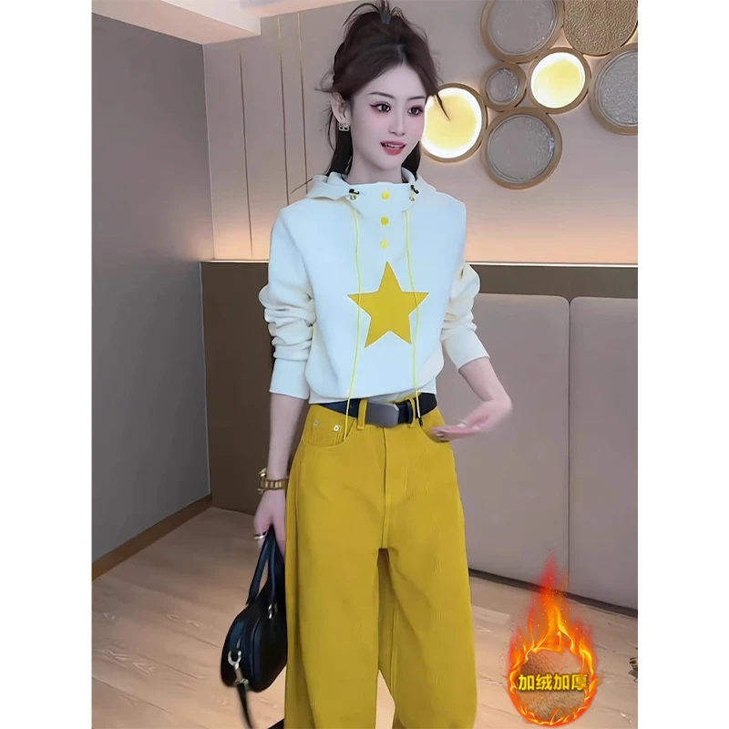 秋冬穿搭一整套女小个子时尚个性休闲加绒加厚卫衣休闲裤保暖套装
