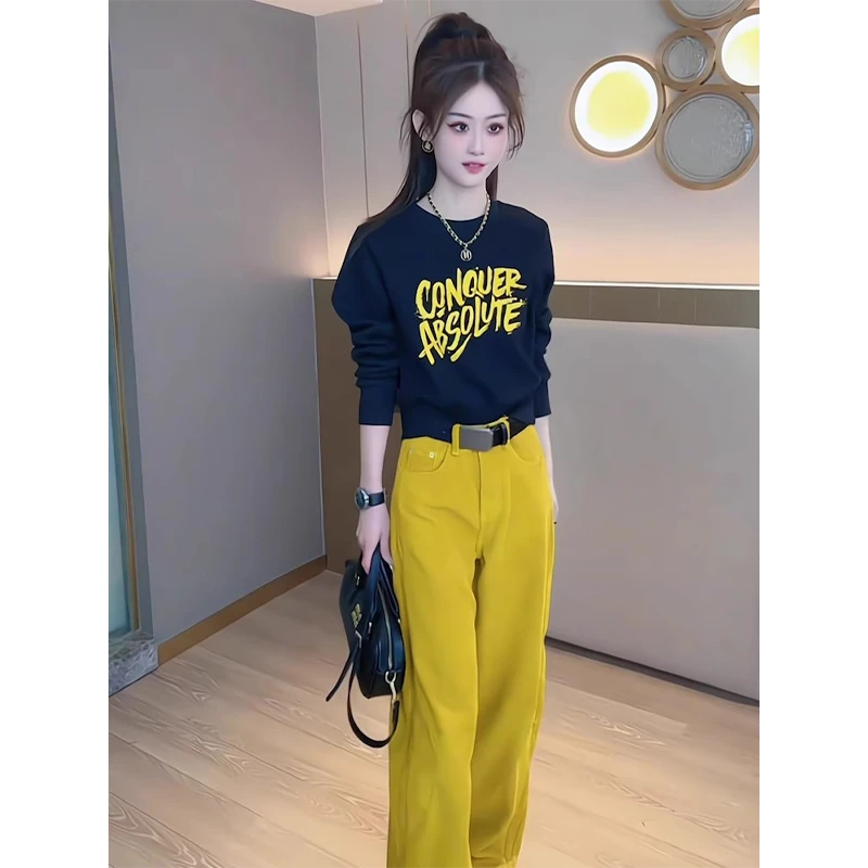 欧货休闲直筒显瘦长裤女秋冬季新款时尚个性圆领宽松套头卫衣套装