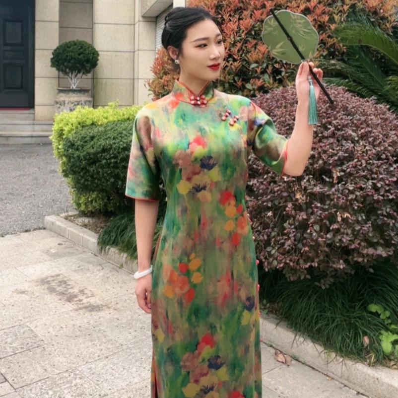 繁若似锦50姆米皮子香云纱手工全开襟高端旗袍短袖单层古韵连衣裙