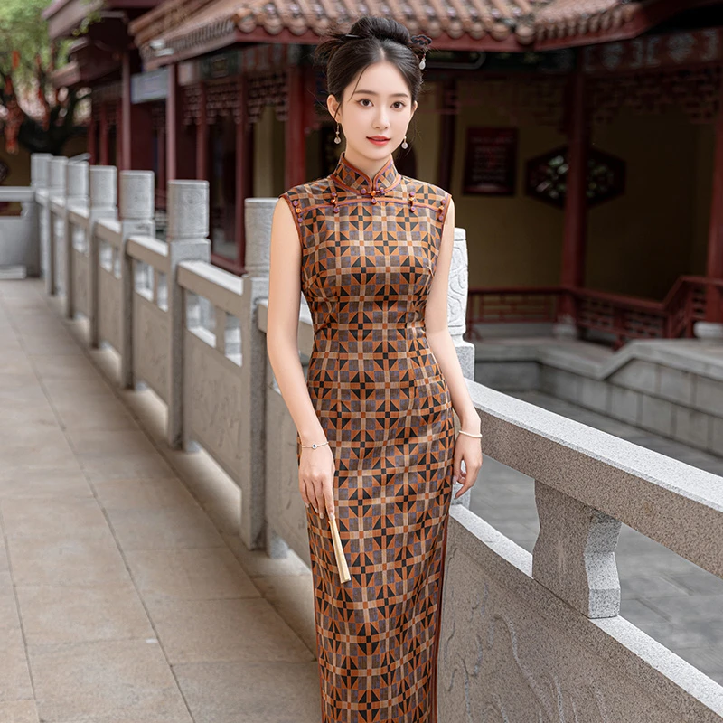 岚宁 2024夏季新款复古重磅中长款中国风旗袍日常百搭连衣裙