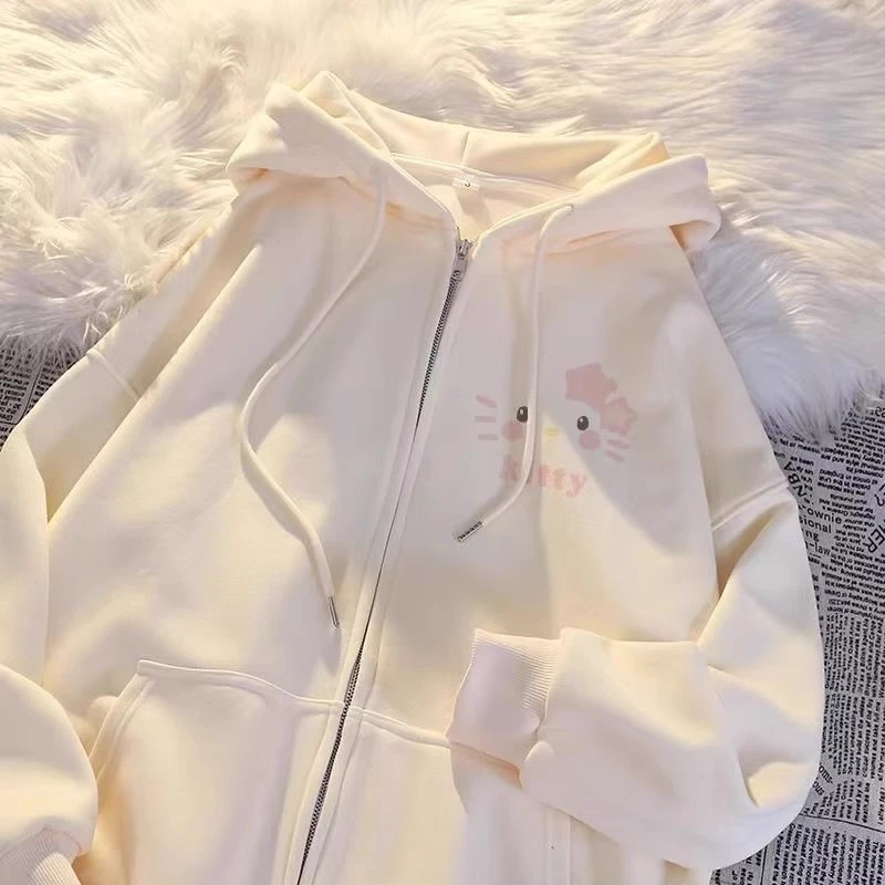 秋冬新款设计感凯蒂猫印花连帽卫衣女童加绒加厚宽松拉链开衫外套