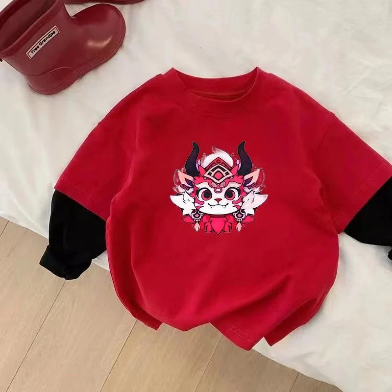 儿童纯棉男女童长袖T恤宝宝上衣打底衫春秋过年拜年中国风圆领潮