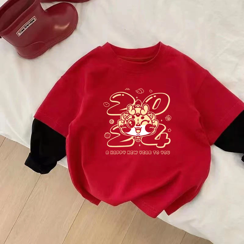 儿童纯棉宝宝上衣假两件长袖T恤儿童春秋新款过年拜年薄款打底衫