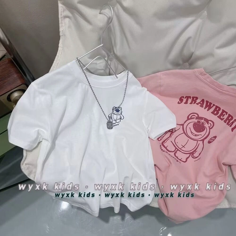 儿童纯棉短袖草莓熊卡通印花T恤春夏新款男女童洋气可爱半袖上衣