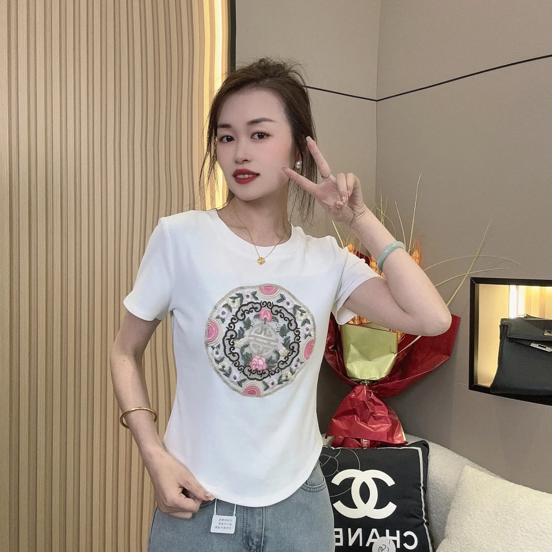 早春设计师2024新中式重工刺绣圆领T恤复古修身百搭短袖打底上衣