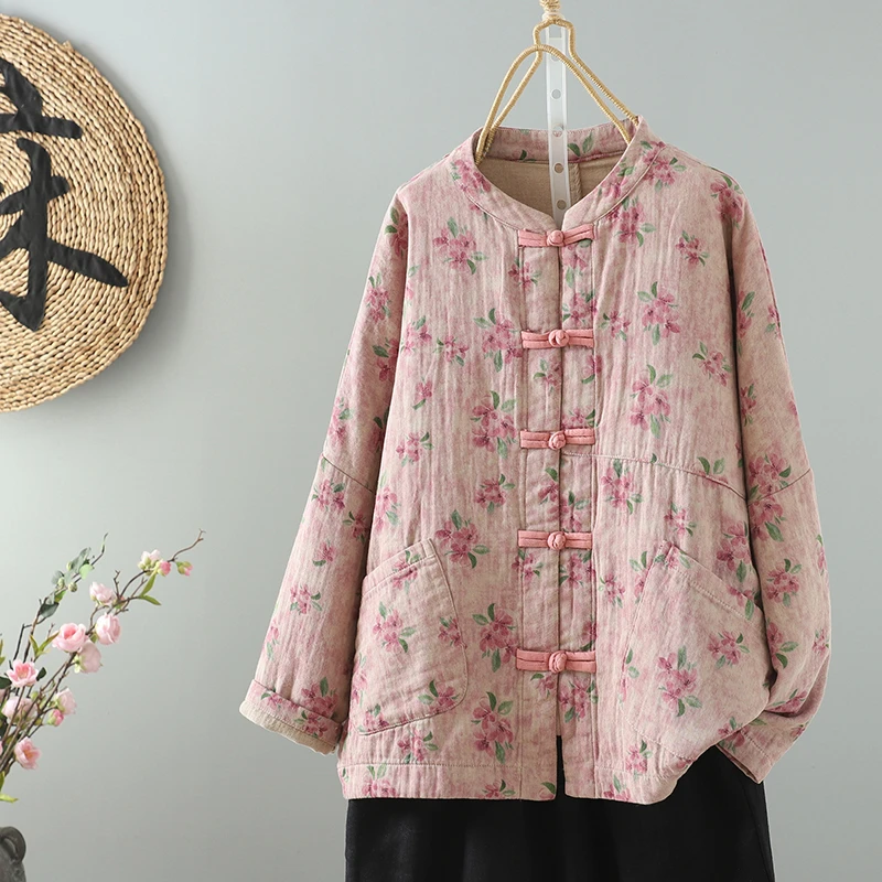 复古盘扣印花棉麻外套秋季新款宽松休闲百搭立领夹克外搭