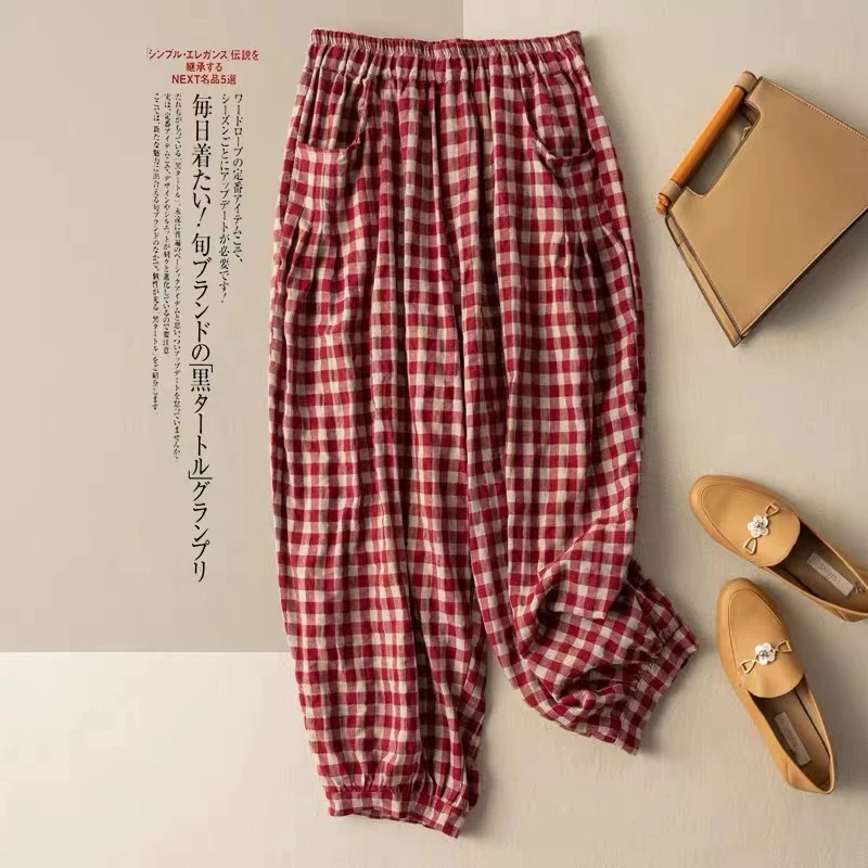 格子棉麻哈伦裤灯笼裤休闲裤子女九分裤文艺复古显瘦2025夏季新款