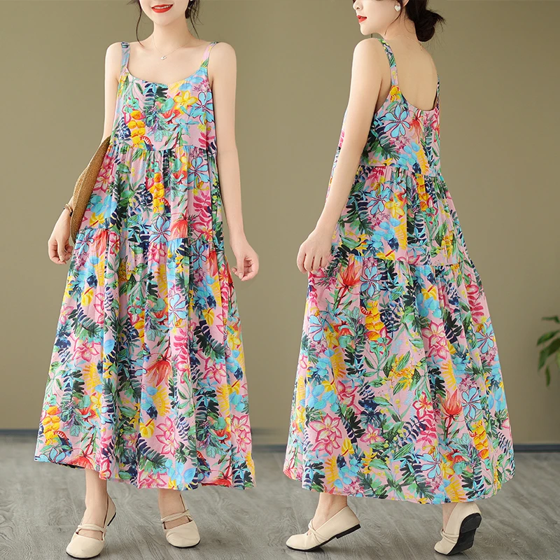 2025新款宽松大码棉麻连衣长裙胖mm印花吊带裙女