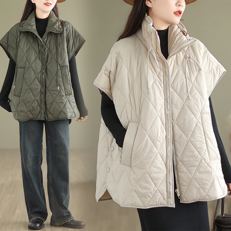 菱形格马夹2025冬季新款宽松女装通勤简约加棉马甲外套女