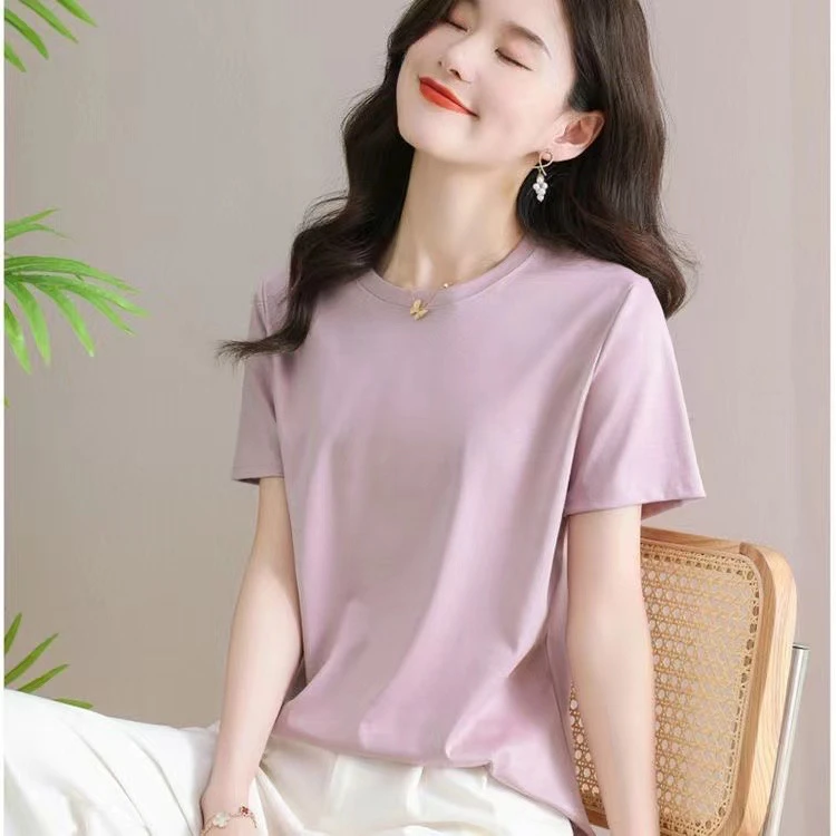 【清】桑蚕丝光棉T恤夏季女装纯色圆领休闲通勤半袖简约透气短袖