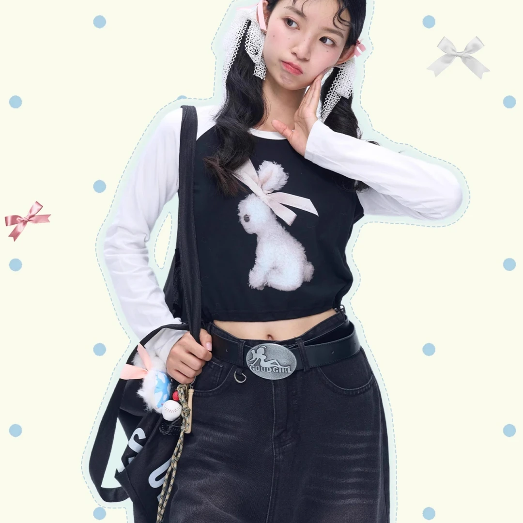 MOF礼物商店2024秋冬玩偶小兔插肩袖黑白长袖T恤女万能百搭打底衫