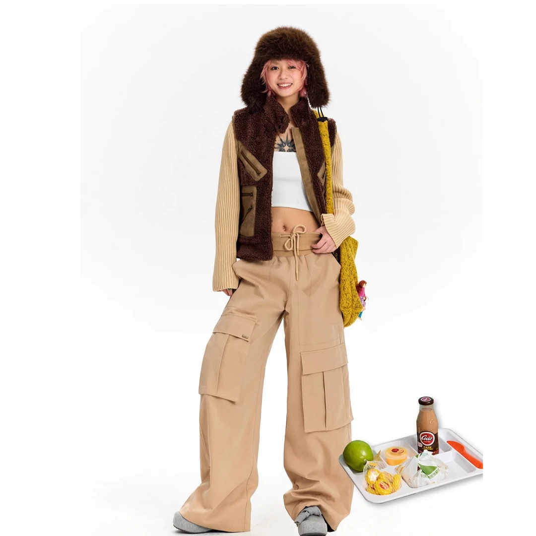 oinkoink卡其色螺纹腰工装裤