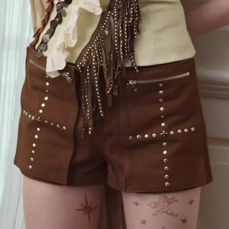 NEXTPASSPORT 夏季帅气铆钉拉链口袋休闲裤子短裤女