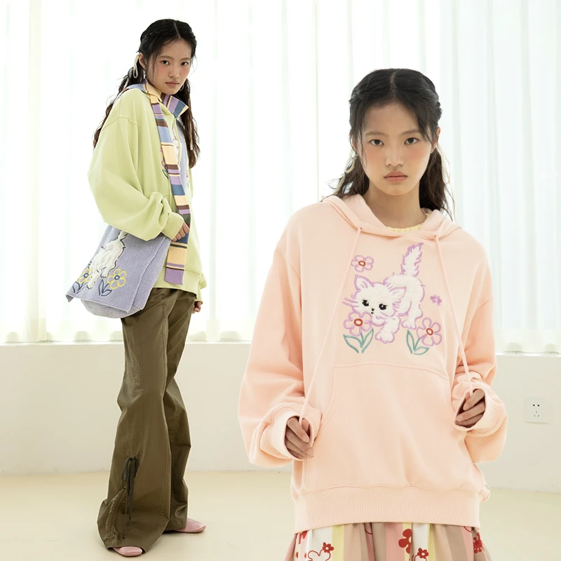 浮力礼物商店 原创刺绣猫咪连帽套头粉色卫衣宽松百搭上衣女春秋