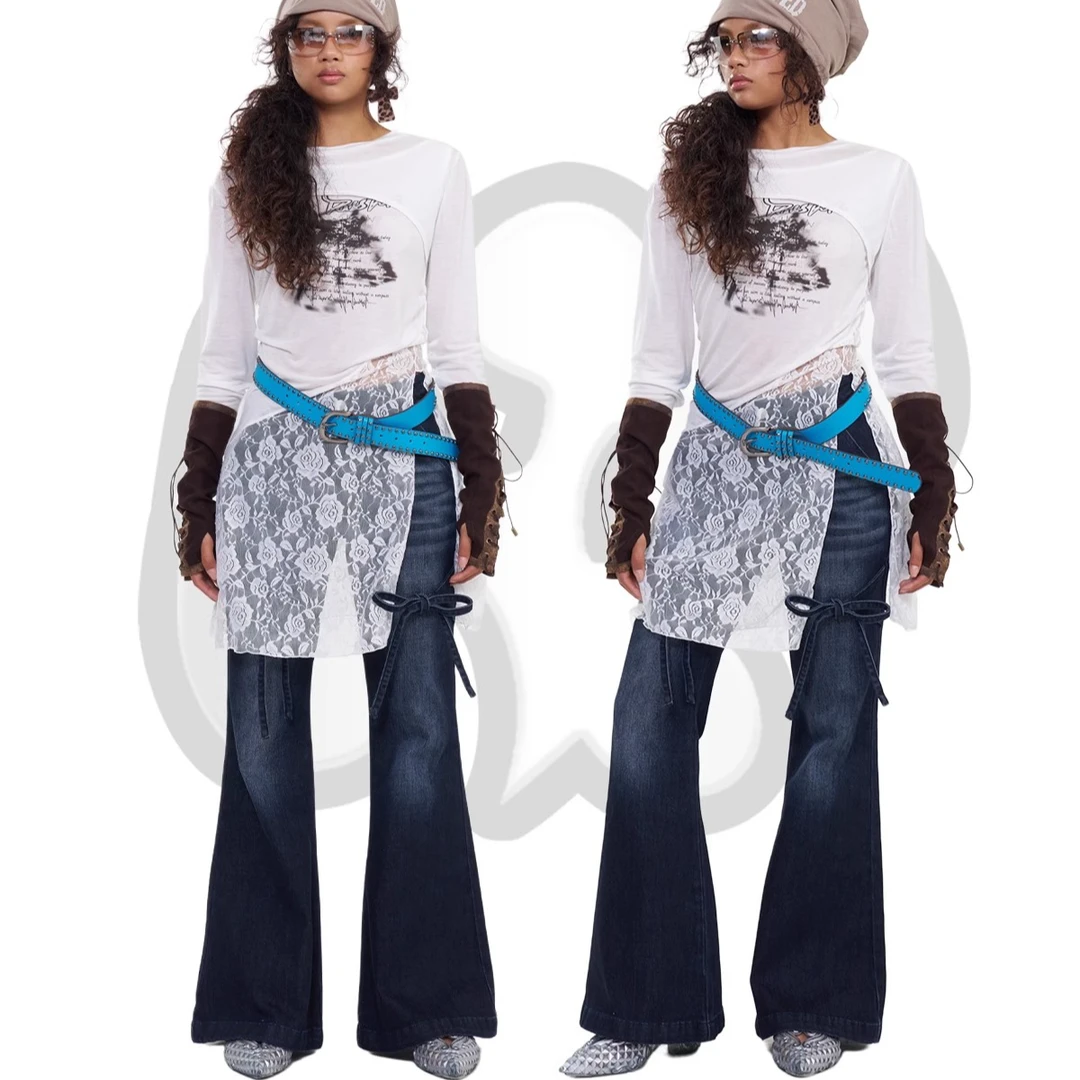 NP24秋冬新品白色印花拼蕾丝开叉背心裙加短罩衫