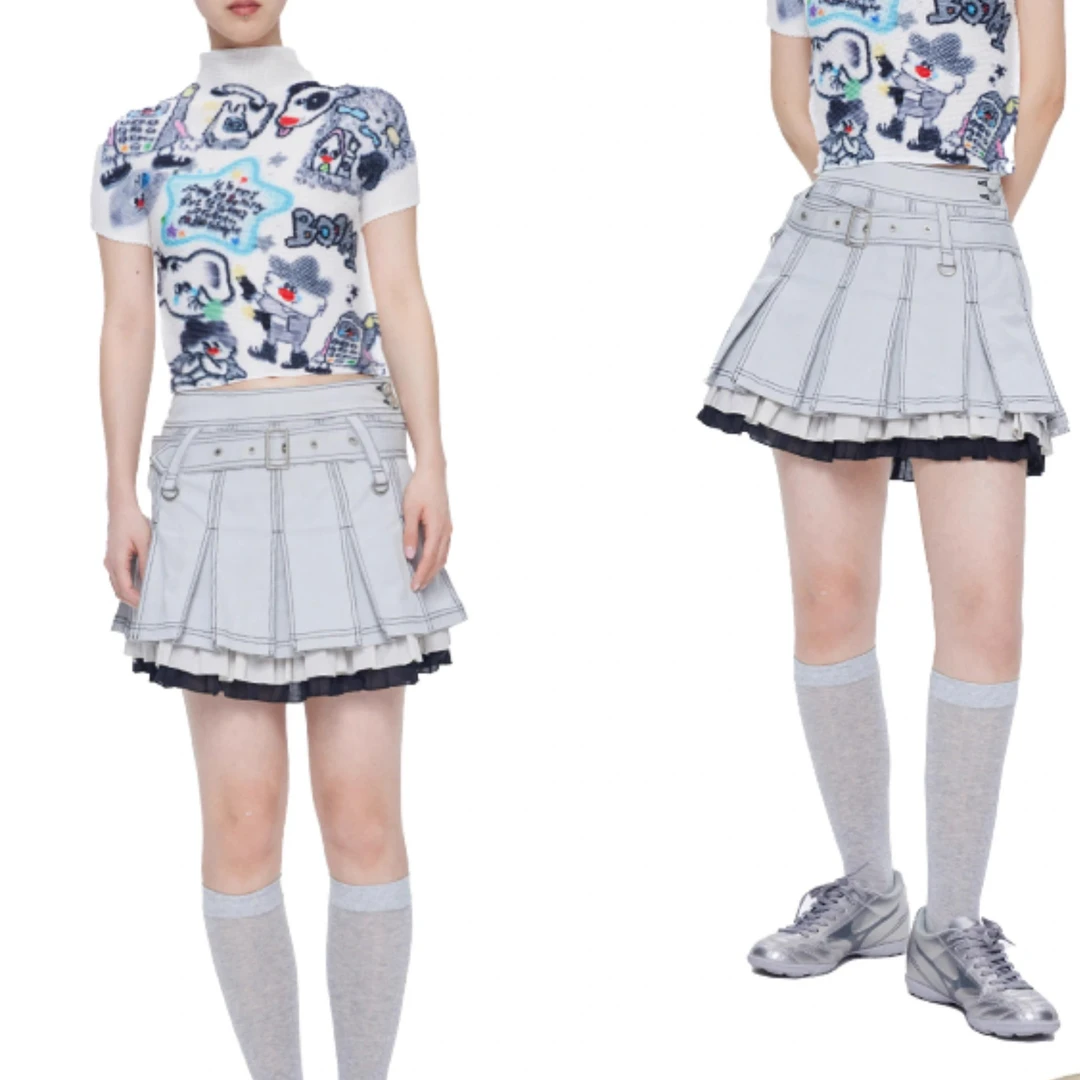 Oinkoink 原创设计浅灰色带腰带双层花边工字褶百褶裙设计感短裙