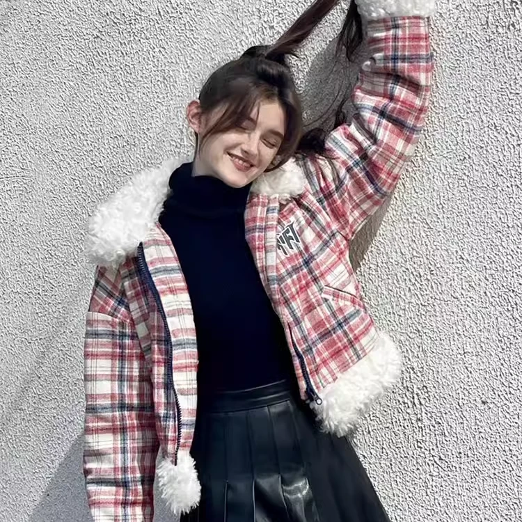 浮力MOF礼物商店 羊羔毛外套百搭保暖棉衣蓝红格显瘦短棉袄