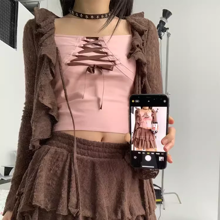 MOF礼物商店 香草冰淇淋巧克力色套装双层短裙荷叶边开衫