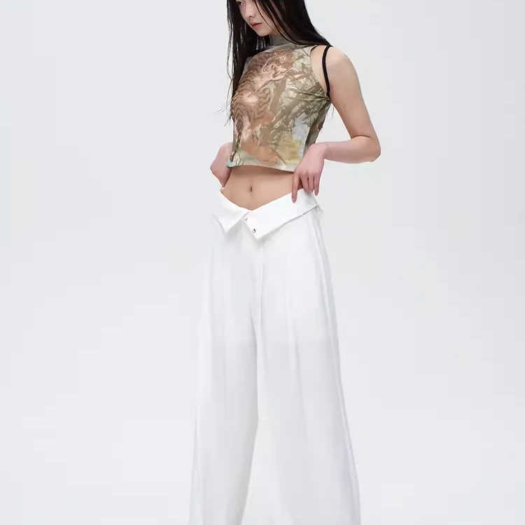 tiltknees早春新品新中式高腰翻叠两穿清凉阔腿裤