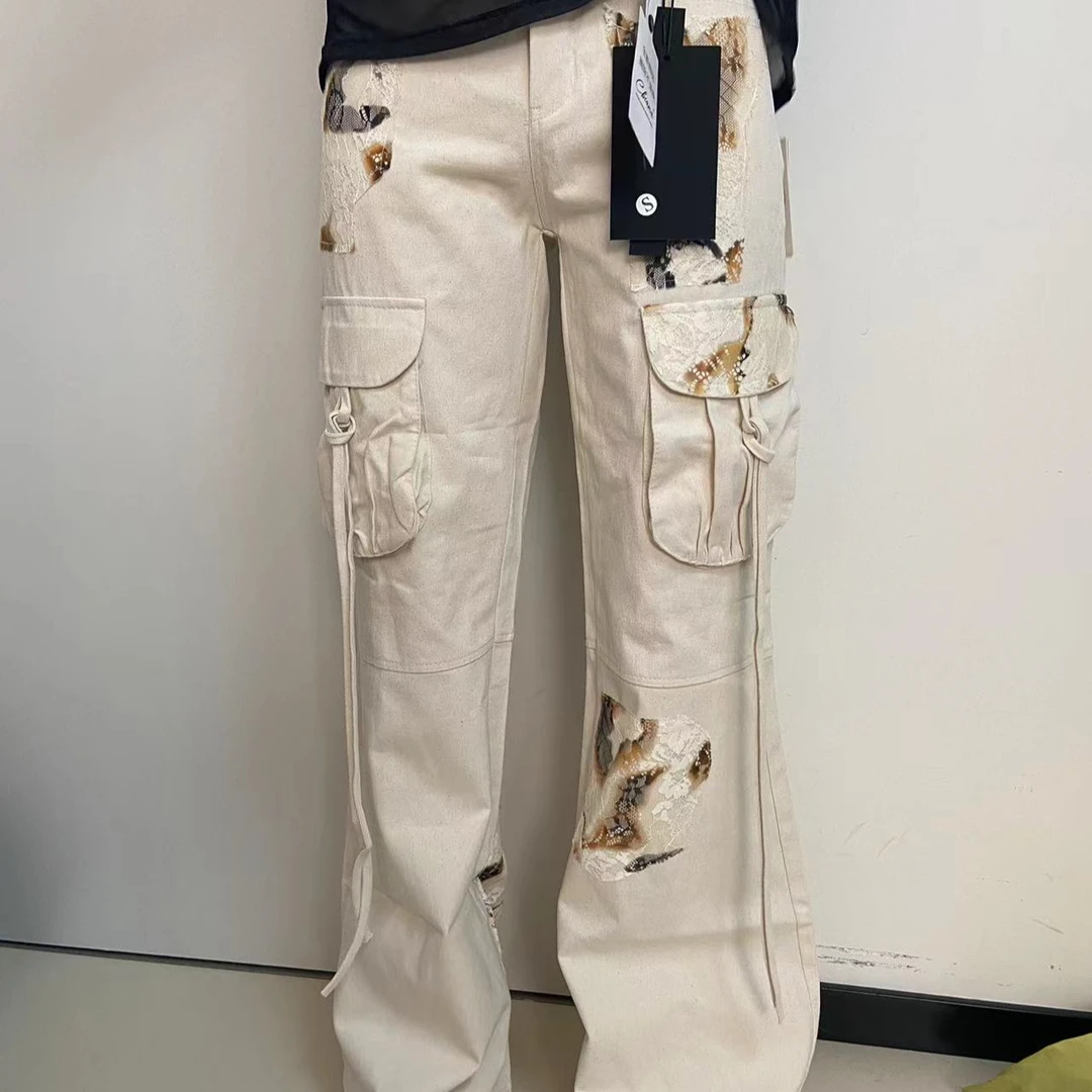 MOF少女百货拼接烧花蕾丝口袋工装裤（米色） CLBN