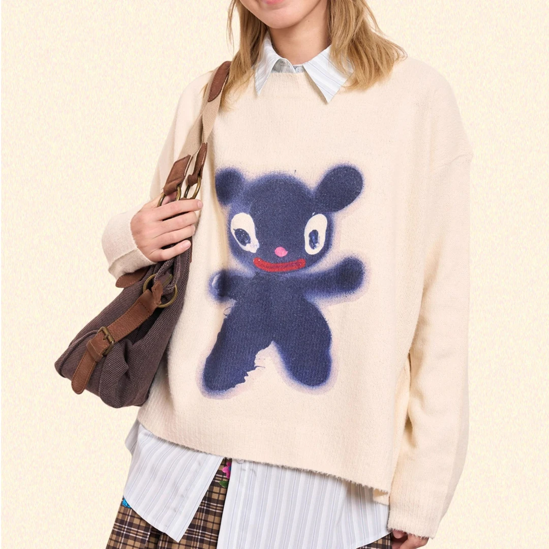 iscreamcolour MOF2024年秋冬艺术家原创小黑熊印花毛衣针织衫