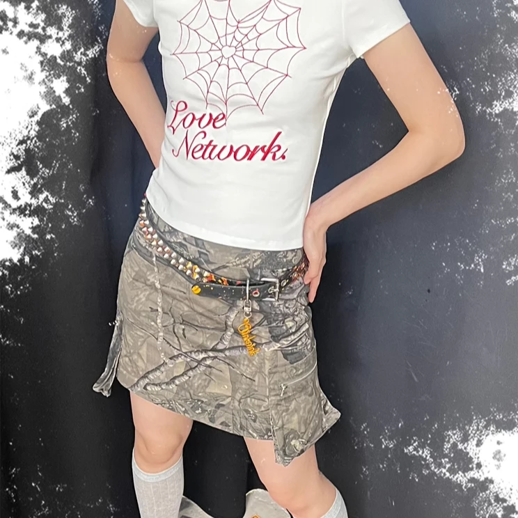 Oinkoink 树枝迷彩可拆分长短裙复古两穿半身裙女