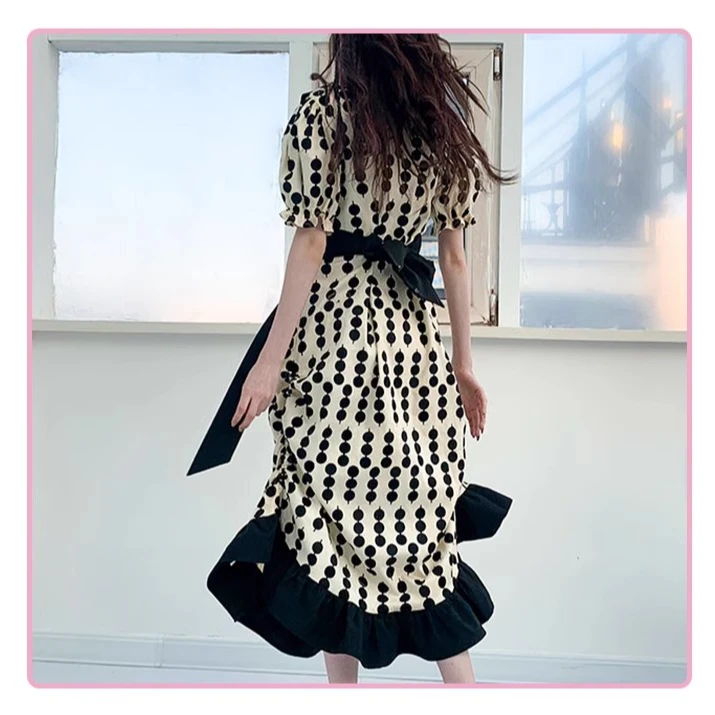 浮力 MOF礼物商店 珍珠奶茶原创蝴蝶结波点连衣裙女仙女裙长裙