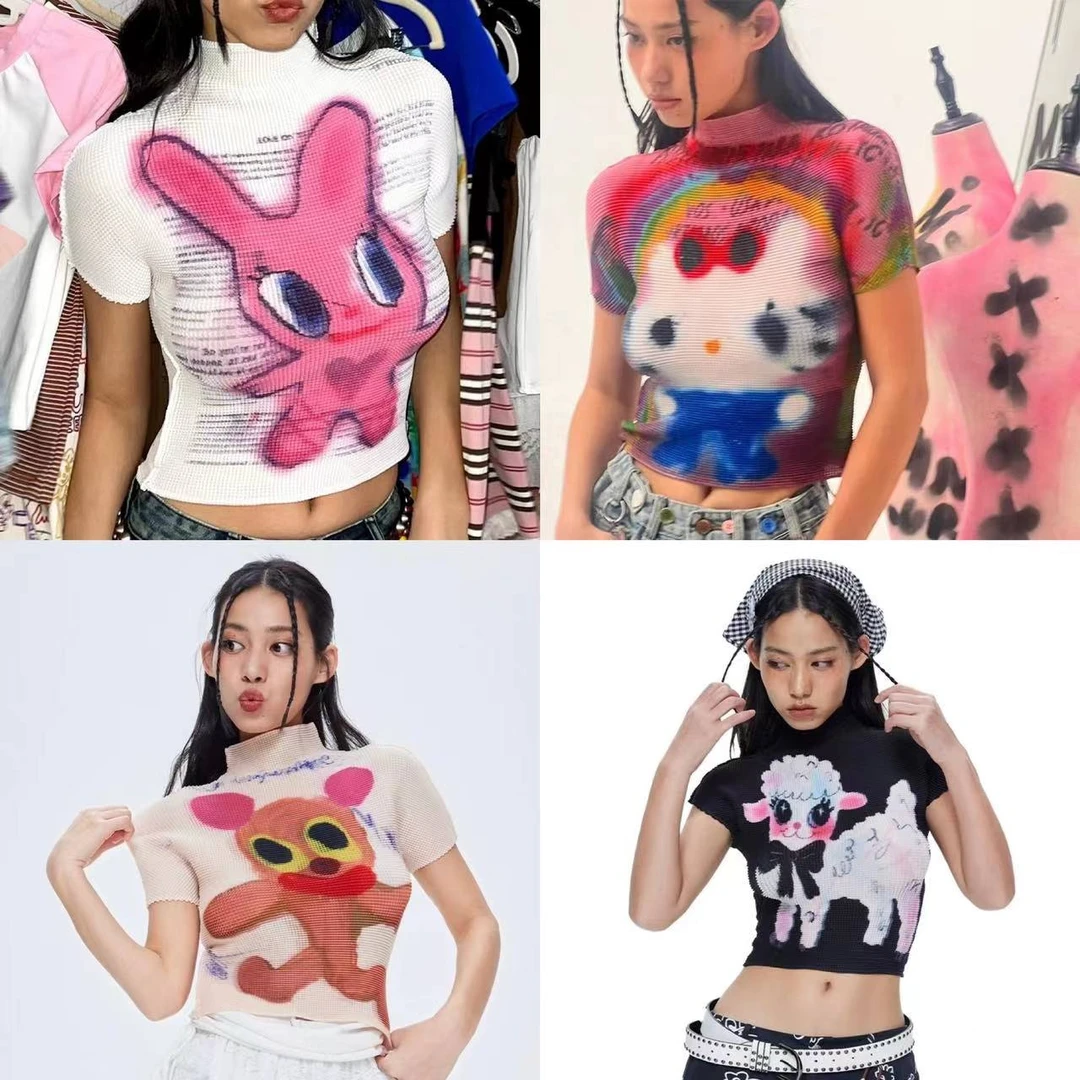 【MOF少女百货】趣味涂鸦辣妹T恤美式甜酷褶皱T恤