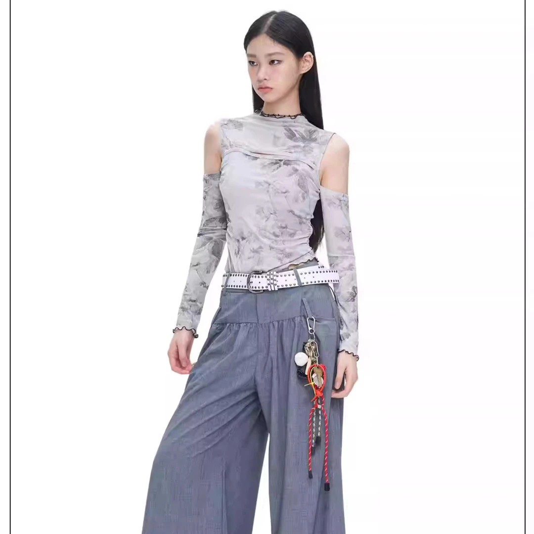 NextPassport 灰色中国画露肩上衣 小心机镂空收腰水墨晕染斜摆