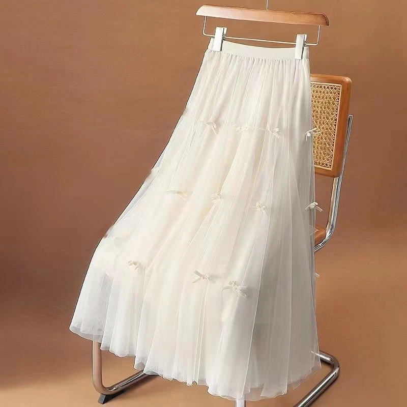 [加绒/不加绒]蝴蝶结网纱裙气质半身裙女中长款大摆伞裙a字裙子