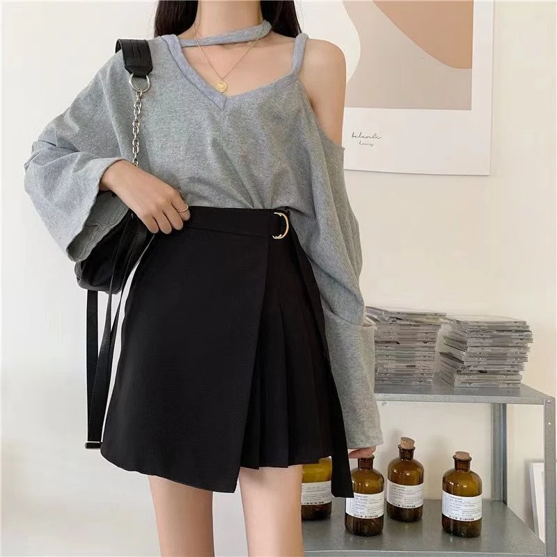 百褶裙半身裙女装新款不规则高腰黑色a字裙显瘦包臀宽松韩版短裙